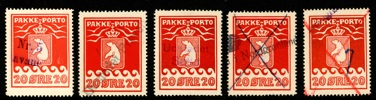 P9. Lot fem märken 20 öre, alla med olika stämplar. Intressant lot.