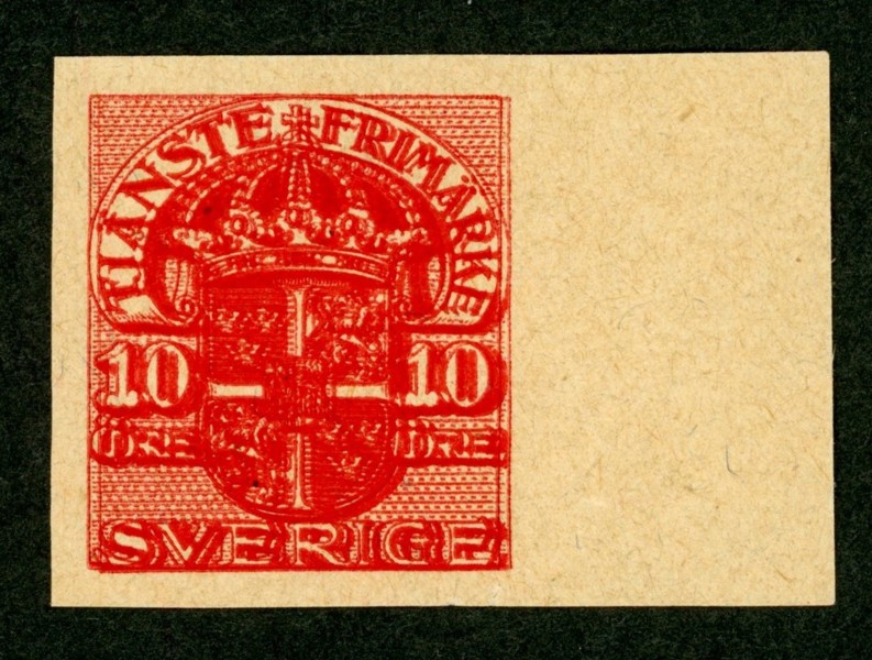 Tj32P. Dubbeltryck av 10-öresvalören på provtryckspapper. På märkets baksida text SPECIMEN PROFTRYCK MACULATUR.