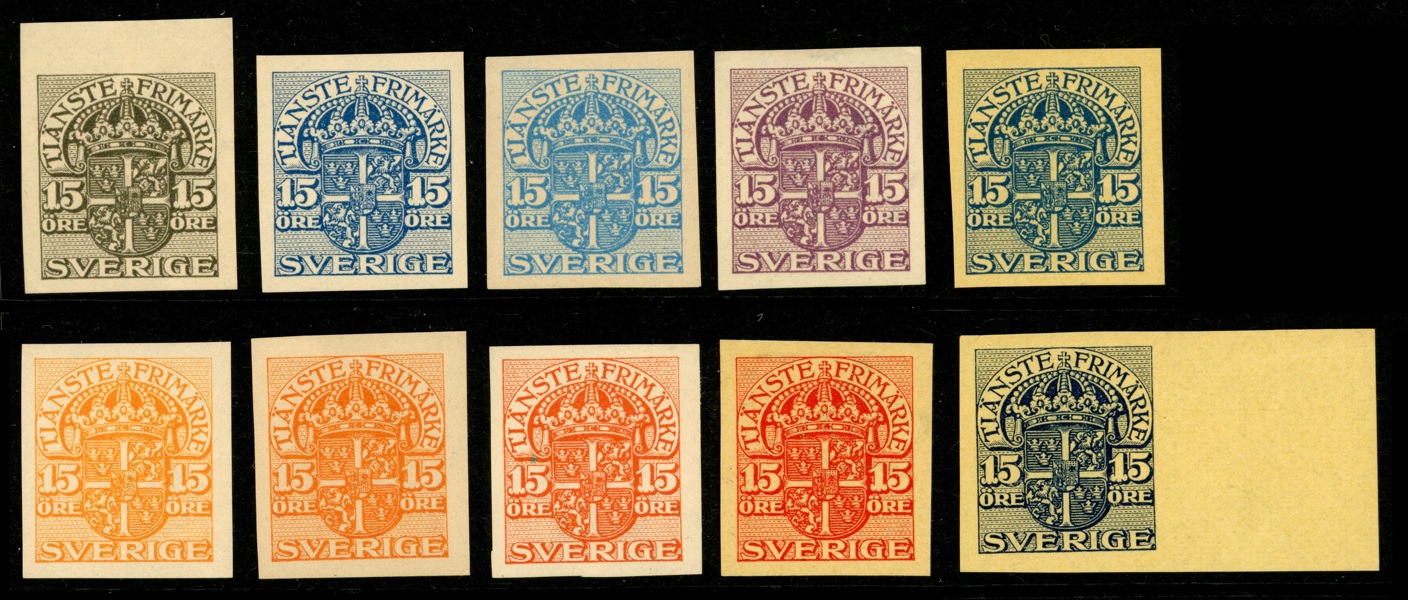 Tj P. Lot tio olika färgprov i 15 öres valör.