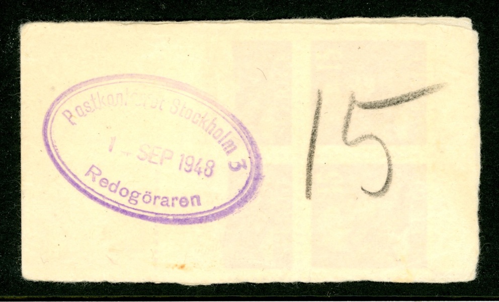 H48C. Postmästarhäfte med gulvitt omslag, stpl "Postkontoret Stockholm 3 14 SEP 1948 Redogöraren". Ovanligt.