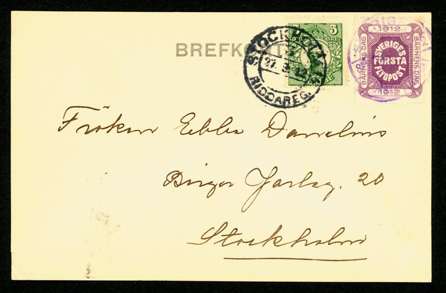 F79+HF1. Sveriges första flygpost 1912. Kort postat 21.9.12 och framkom 27.9.12 enligt text på baksidan.