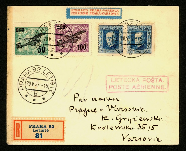 TJECKOSLOVAKIEN. Vackert luftpostbrev till Warszawa stpl PRAHA 82 LETISTE 20.V.27.