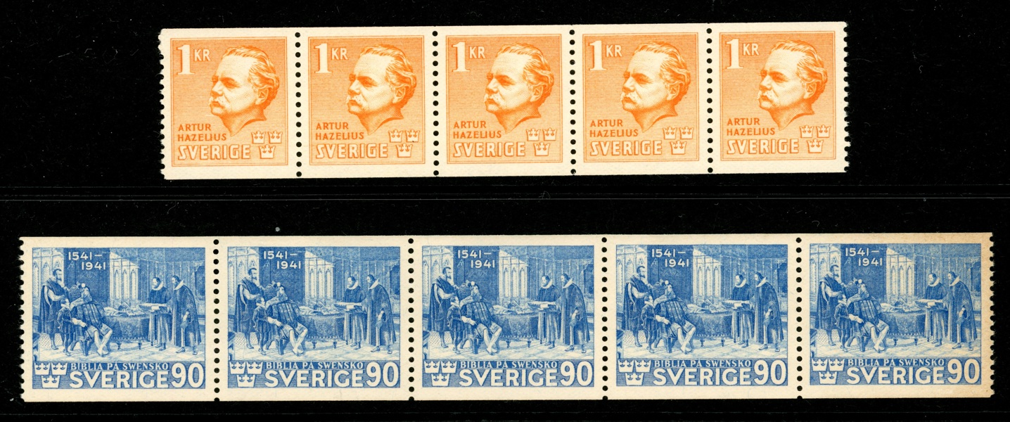 F334 och 329. Två postfriska högvalörer i 5-strip. F 2500 kr
