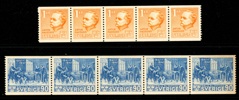 F334 och 329. Två postfriska högvalörer i 5-strip. F 2500 kr