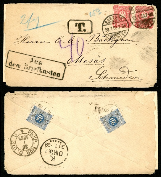 Underfrankerat brev från Tyskland, på baksidan löst med 2x 20 öre lösen stpl MOSÅS 31.1.1889. Med innehåll.