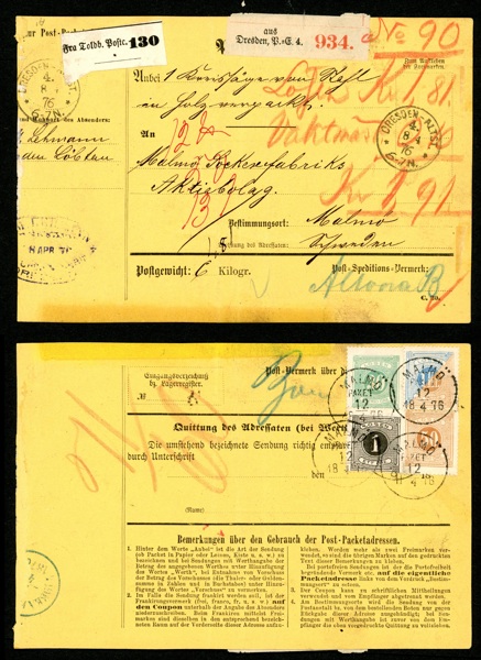 Lösen. Adresskort från Tyskland 1876, löst med 181 öre i fyra färger, stämplade MALMÖ PAKET 12.4.1876 (tandning 14). Vackert och ovanligt!