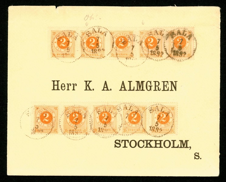 Brev med dubbelt porto 20 öre i form av två 5-strip 2 öre ringtyp, vackert stämplat SALA 7.5.1892. Praktobjekt!