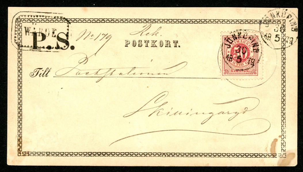 Postsak. Frankerat med 50 öre som WÄRDE, stpl JÖNKÖPING 30.5.1879, till Skillingaryd. Vackert objekt.