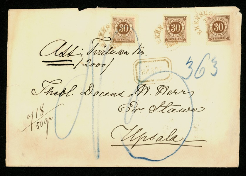 Ass frankerat med 3x 30 öre (F47), stpl EKENSHOLM 3.2.1890. Smärre pappersförluster på baksidan.