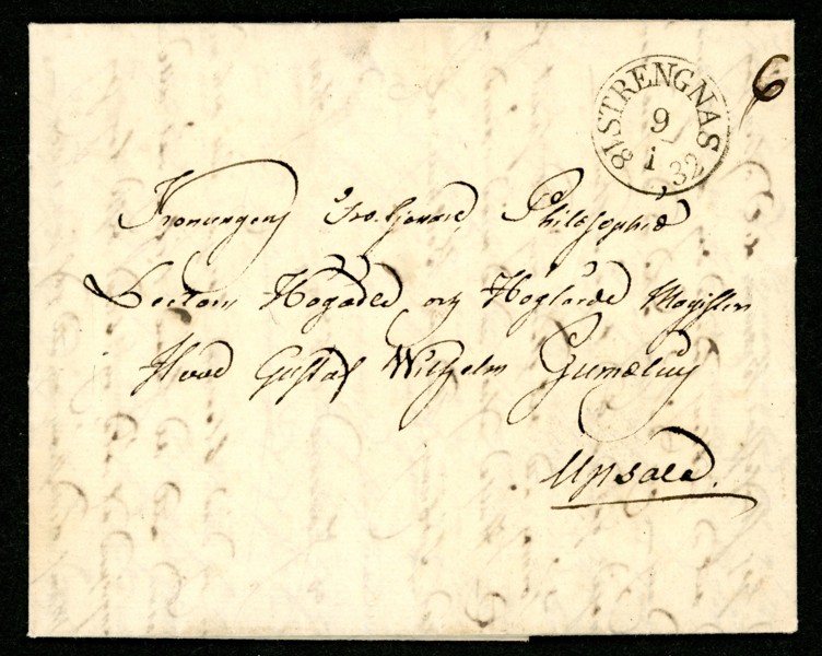 Förfilateli. STRENGNÄS 9.1.1832 bågstämpel, typ 1. Lyxavtryck på brev med innehåll. Postal 5000 kr