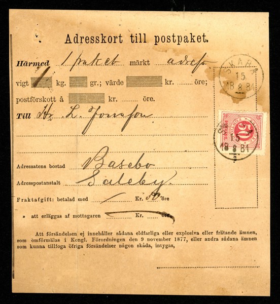 Adresskort frankerat 50 öre (F36) för ett paket om 1 kg, sänt till Saleby från SKARA 15.8.1881.