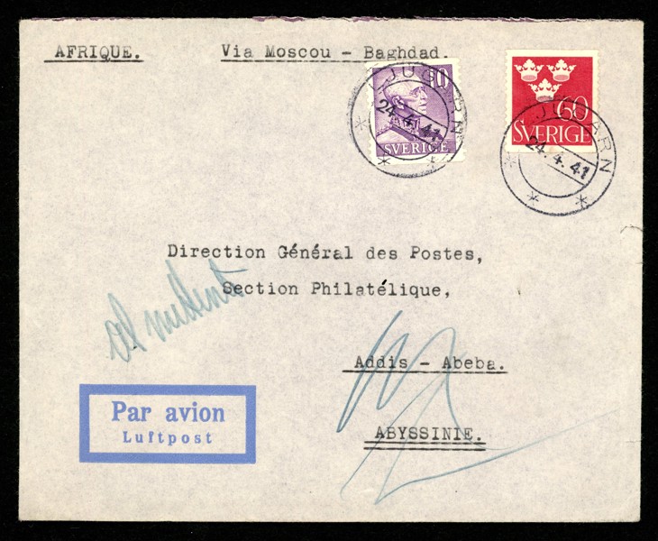10+60 öre som frankering på luftpostbrev till ABESSINIEN via Moskva och Bagdad, stpl LJUGARN 24.4.41. Ovanligt adressland!