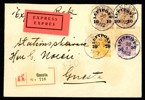 Lokalt sänt expressbrev med rek, stpl GNESTA 30.1.1922. Frankerat med luftpostmärken  2x10 öre, samt både 20 och 50 öre = 90 öres porto.