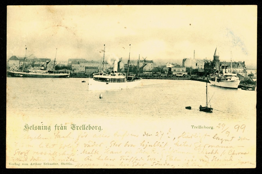 Helsning från Trelleborg. Hamnmotiv med båtar, stpl TRELLEBORG-SASSNITZ 29.9.1899.