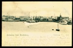 Helsning från Trelleborg. Hamnmotiv med båtar, stpl TRELLEBORG-SASSNITZ 29.9.1899.