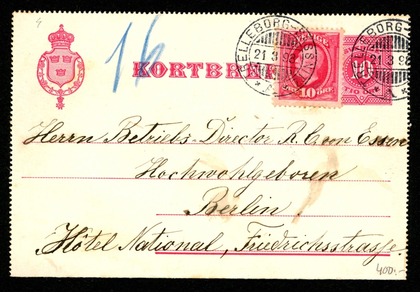 Kortbrev 10 öre med extra 10 öre för postgång till Tyskland, vackert stämplat TRELLEBORG-SASSNITZ 21.3.98.