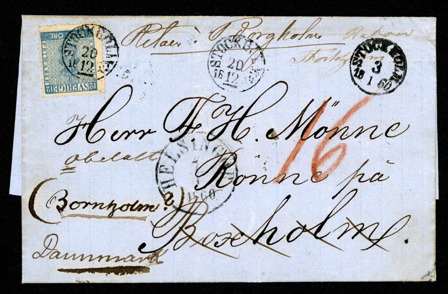 Brev till BORNHOLM stpl STOCKHOLM 20.12.1859. Enligt bifogad notering är detta det äldsta kända svenska brevet till Bornholm!
