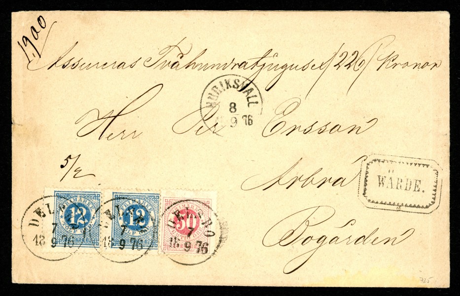 F21 (2) + 26. Ass-brev med 74 öres porto till Bogården, Arbrå. Sänt från DELSBO 7.9.1876 och transitstpl HUDIKSVALL 8.9.1876. Praktbrev!
