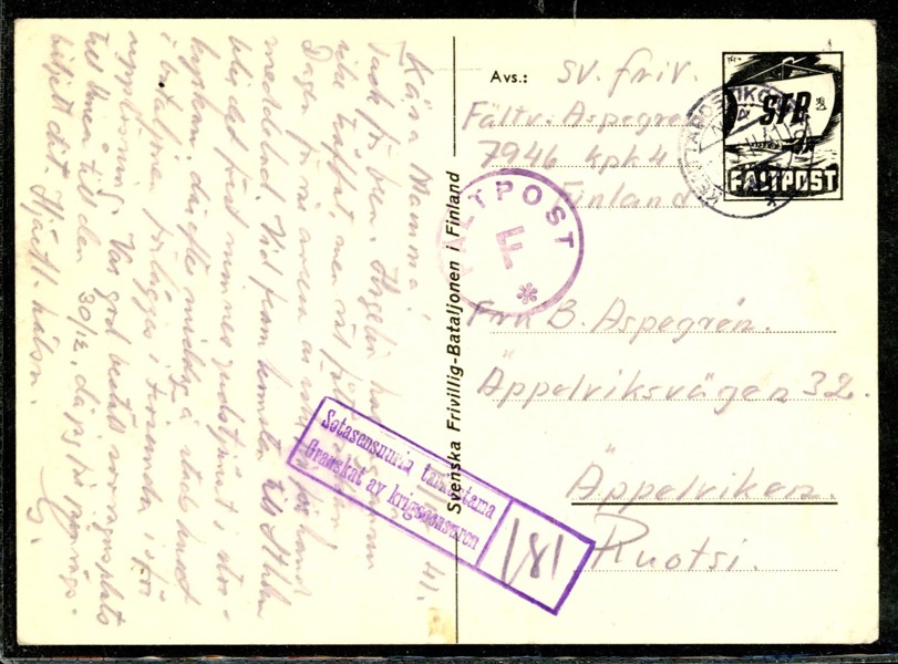 Kort sänt från svensk frivillig i finska fortsättningskriget, stpl 18.XII.41