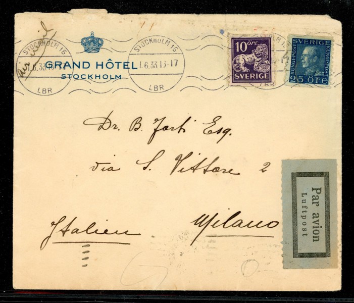 Vinjettbrev från Grand Hotel i Sthlm till Italien, med 35 öres porto stpl 1.6.33. 25-öringen med riss.