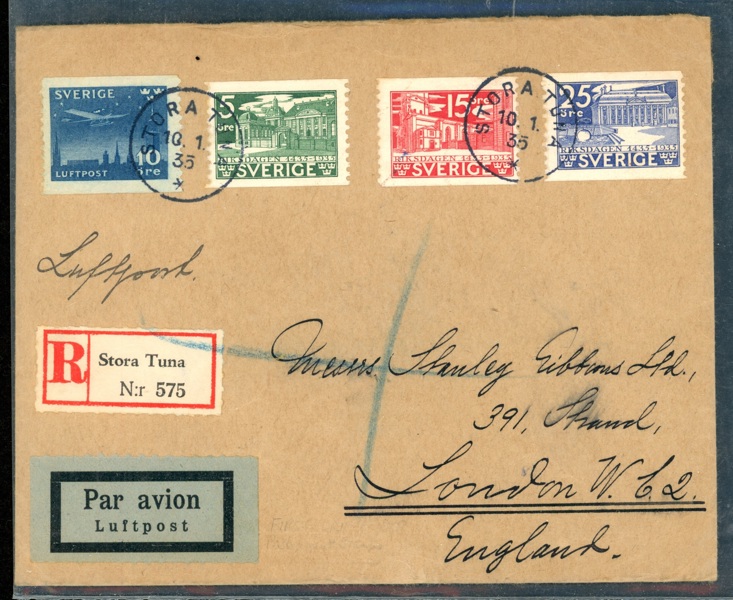 10.1.35. FDC med tre valörer Riksdagen + 10 öre luftpost, stpl STORA TUNA 10.1.35. Sänt som luftpost och rek till England.
