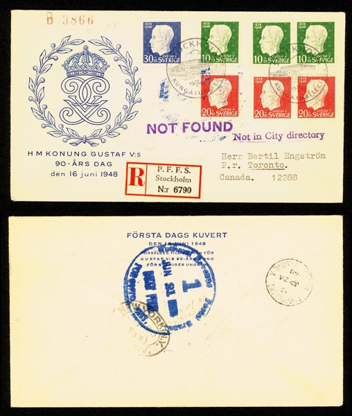 16.6.48. Till Kanada, med vinjett enl bild och div stämplar.