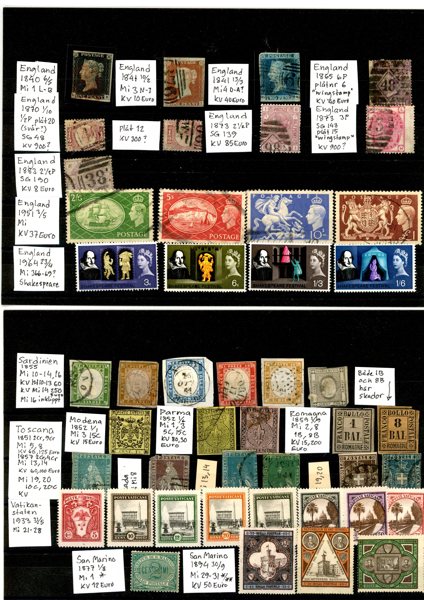 EUROPA. Spännande blandat parti på 24 instickskort med flera bättre märken från olika länder. England (penny black, ngt inklippt), Italien, Portugal, Spanien, Schweiz, Österrike, Belgien m.m.
