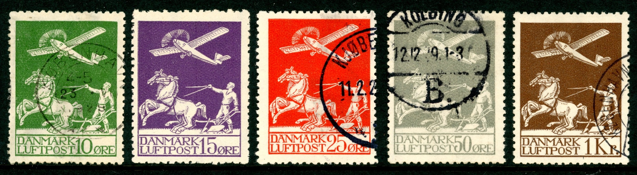 F213-17. Luftpostserien stämplad (15 öre ost). 10 öre med smärre defekter, övriga är felfria! Svår serie.