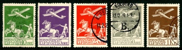 F213-17. Luftpostserien stämplad (15 öre ost). 10 öre med smärre defekter, övriga är felfria! Svår serie.