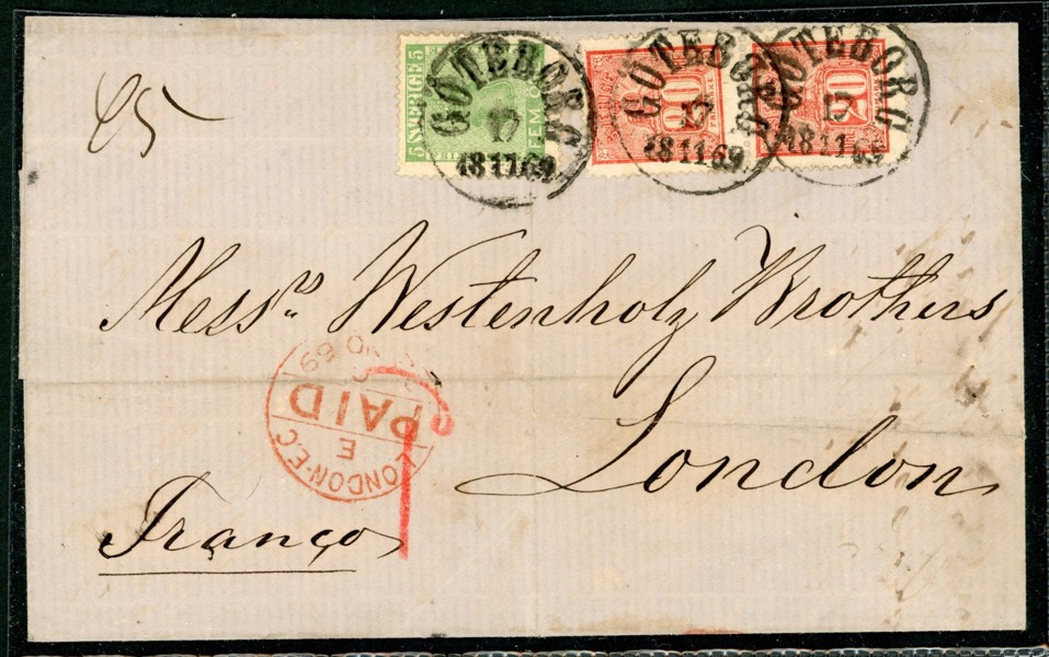 F7+F16 x2 som 45 öres frankering på vackert brev till England. GÖTEBORG 17.11.1869. Några obetydliga veck. Fint brev!