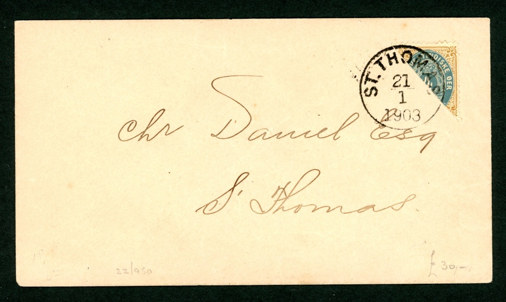 F16. Halverat märke på praktbrev ST.THOMAS 21.1.1903