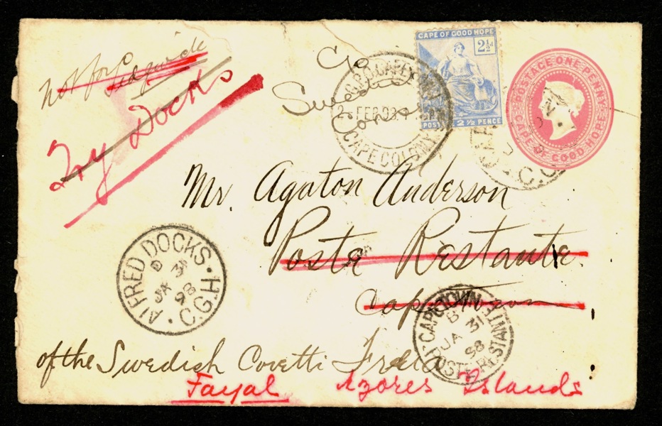 GODAHOPPSUDDEN. Intressant brev från 1898 först sänt lokalt, sedan tilläggsfrankerat och eftersänt till den svenska korvetten Freja vid Azorerna. Fascinerande!