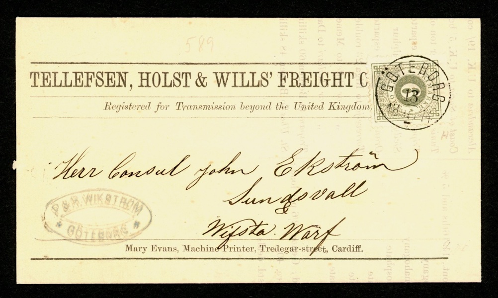 F20f. Trycksak med firmatryck, GÖTEBORG 13.10.1874 sänt till Wifstawarf. Perfekt, välbevarat skick, i mitt tycke ett praktobjekt. Attest Nils Svensson.