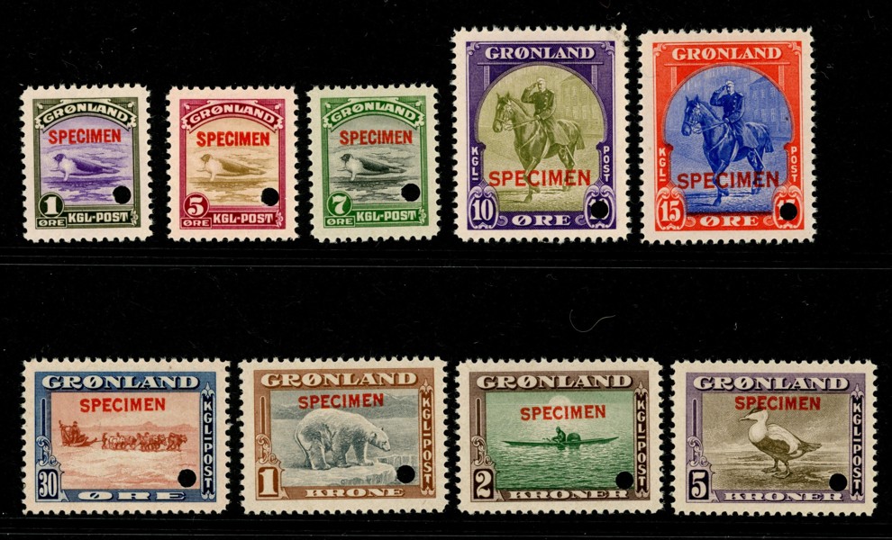 F10-18v. Postfrisk serie med påtryck SPECIMEN och "security punch holes". Ovanligt objekt med attest Möller.