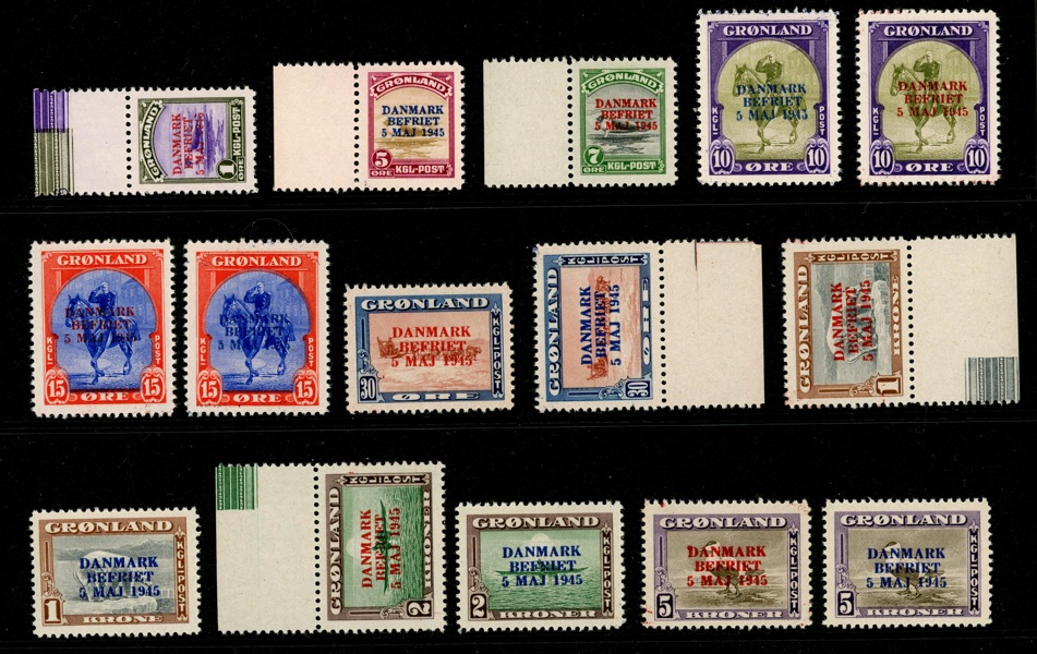 F19-27. Danmark befriet, postfrisk serie kpl (15) med båda påtrycksfärgerna. Ett par märken med tonade baksidor. F 30000 kr