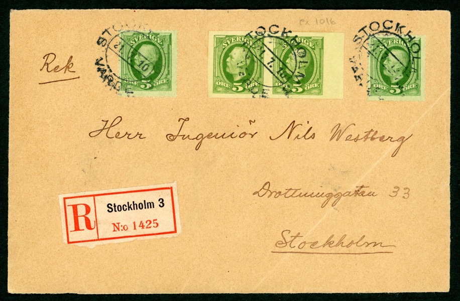 F52v1. OTANDAT par samt två tandade märken på rekommenderad brevframsida, stpl STOCKHOLM 21.7.10.