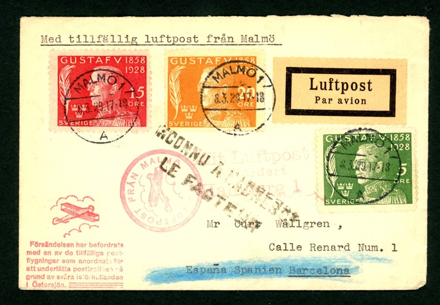 LUFTPOST. Brev "med tillfällig luftpost från Malmö" stpl MALMÖ 1 8.3.29 och sänt till Barcelona.