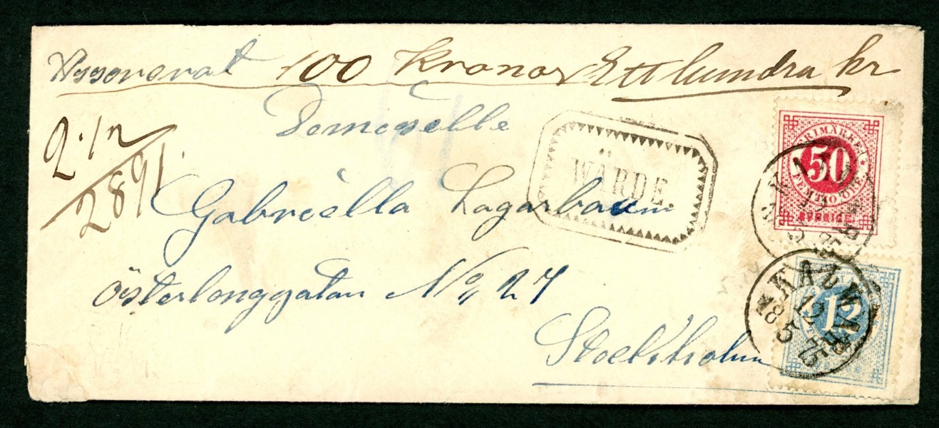 Vackert, rekommenderat brev i litet format sänt till Sthlm, stpl KALMAR 12.5.1875. Frankerat med F21+26=62 öres porto. Baksidan med fem lacksigill.