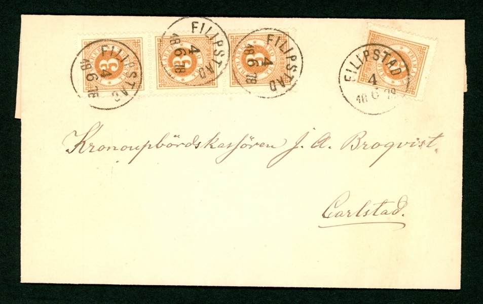F28. Vackert brev med 12 öres frankering i form av 3-strip + 1 ex av 3 öre tandning 13. Stämplat FILIPSTAD 4.6.1878 och sänt till Carlstad.