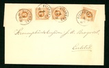 F28. Vackert brev med 12 öres frankering i form av 3-strip + 1 ex av 3 öre tandning 13. Stämplat FILIPSTAD 4.6.1878 och sänt till Carlstad.