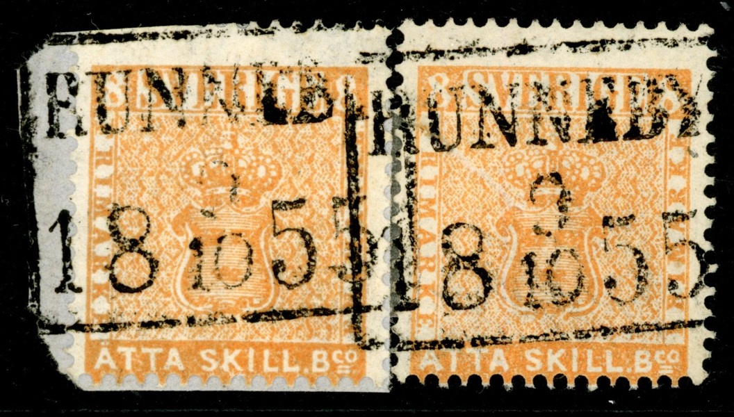 F4b. Rekonstruerat, vackert par med 4-kantstämplar RUNNEBY 9.10.1855. Monterade ihop med fastsättare. Trots defekter mycket tilltalande!