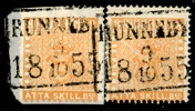 F4b. Rekonstruerat, vackert par med 4-kantstämplar RUNNEBY 9.10.1855. Monterade ihop med fastsättare. Trots defekter mycket tilltalande!