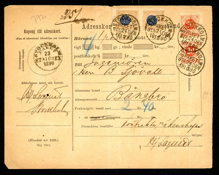 Adresskort för paket sänt till Bångbro, stpl STOCKHOLM PAKET 24.10.1890. Frankerat med F49 och F46 båda i par, vilket gör porto 2,40 kr.
