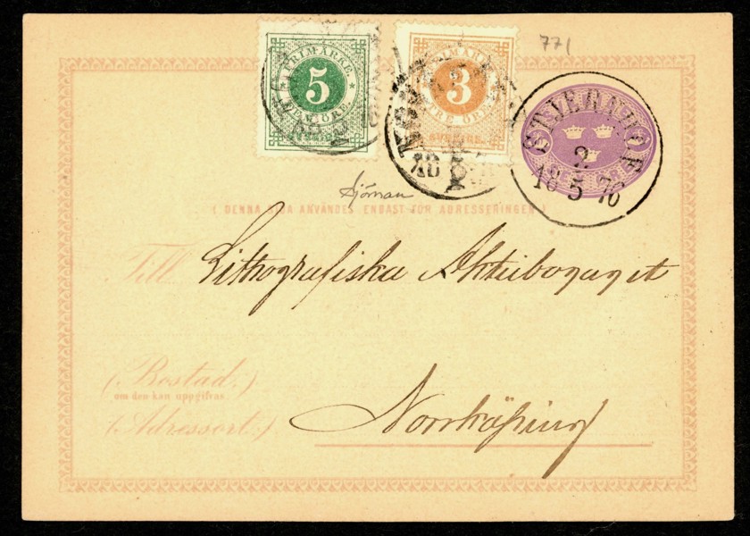 bKe 6 öre sänt från STJERNHOF 2.5.1876 tll Norrköping och därefter omdirigerats lokalt med tilläggsfrankering 3+5 öre ringtyp tandning 14. Signerat Sjöman. Ovanligt objekt.