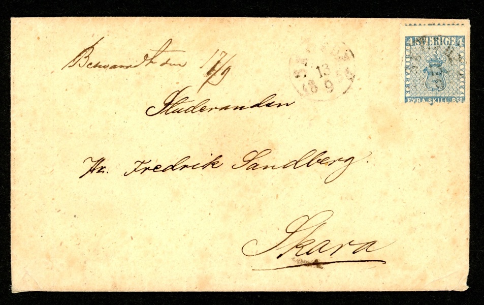 F2v. Kraftigt snedcentrerat märke på brev stpl otydligt SKÖFDE 13.9.1856.