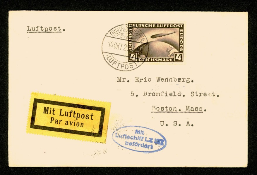 TYSKLAND/REICH. Zeppelinbrev till USA med Mi424 (4 RM), stpl FRIEDRICHSHAFEN 10.OKT.28.