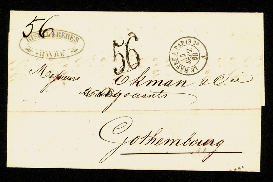 Inkommande, ofrankerat brev från Frankrike 1868 med lösenstämpel "56". Baksidan med stpl SÖDRA ST:BANAN 8.9.1868.
