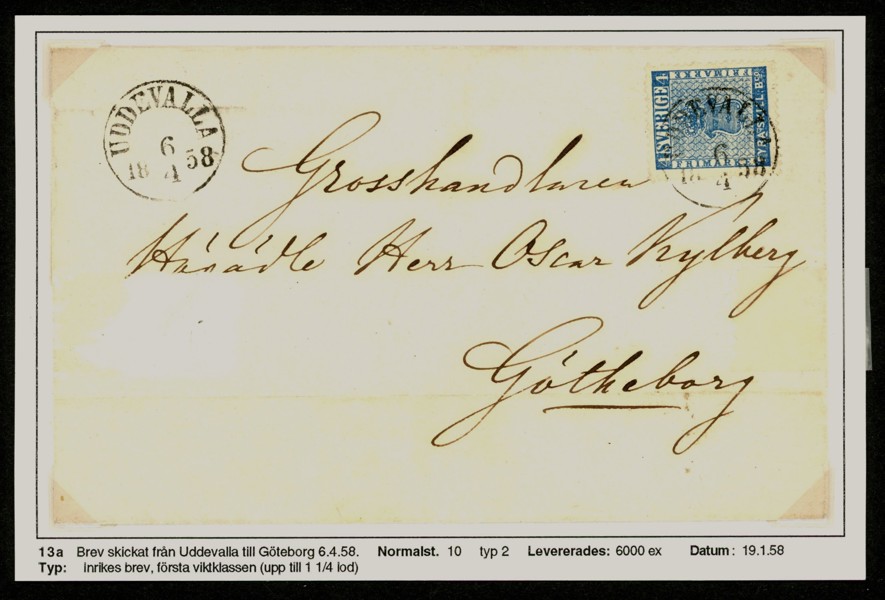 4 sk bco. Utställningsmonterat brev med fina stämplar UDDEVALLA 6.4.1858. Tyvärr smärre skador av tejp.