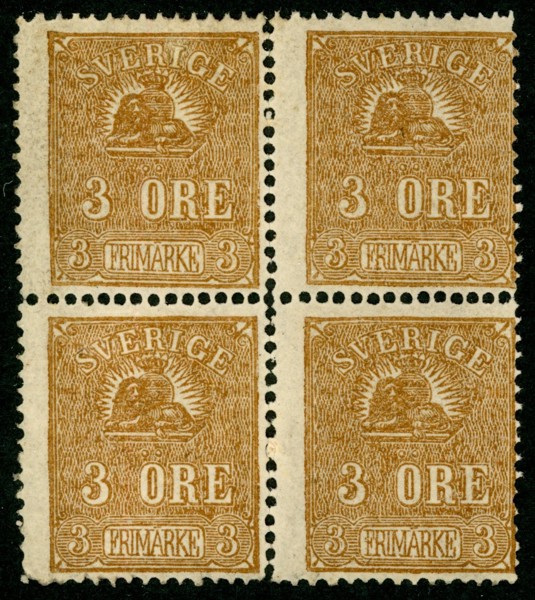 F14Aa. Obeg 4-block av 3 öre typ 1, med full originalgummering och tre frimärken postfriska. Mycket sällsynt objekt, särskilt i denna enhet med s.k. 1855 års tandning.