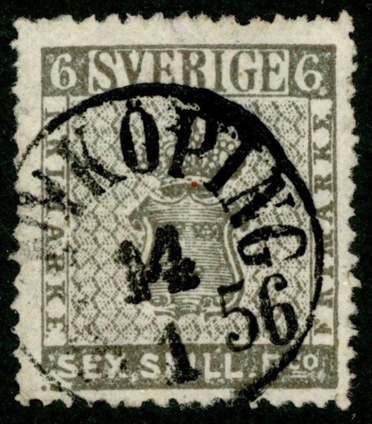 F3a2. (JÖN)KÖPING 14.1.1856. Sex sk bco svartgrå. Trevligt ex av en sällsynt nyans (F 75 000 kr), dock ngt def (se nytt utlåtande Mats G. Nilsson). Både vackert och sällsynt objekt!